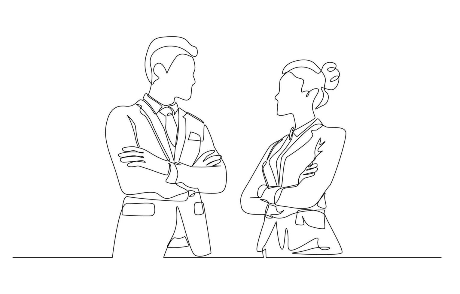 Continuous one line drawing of businessman and businesswoman standing face to face, business competition concept, single line art. vector