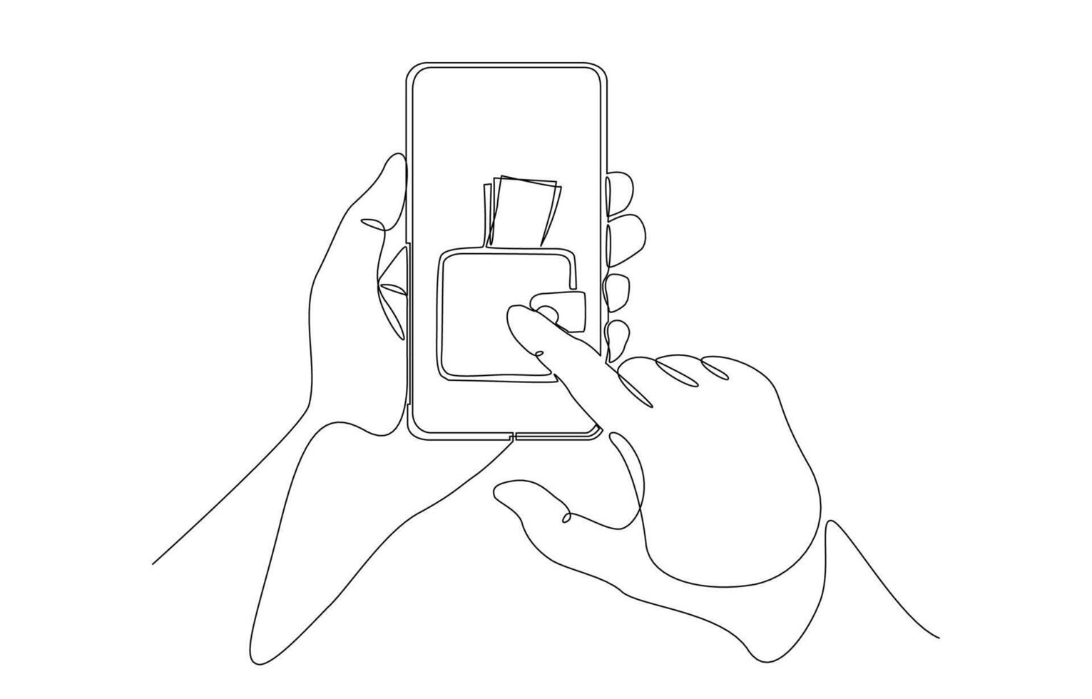 Continuous one line drawing of hand holding smart phone with wallet on screen, mobile banking or digital wallet concept, single line art. vector