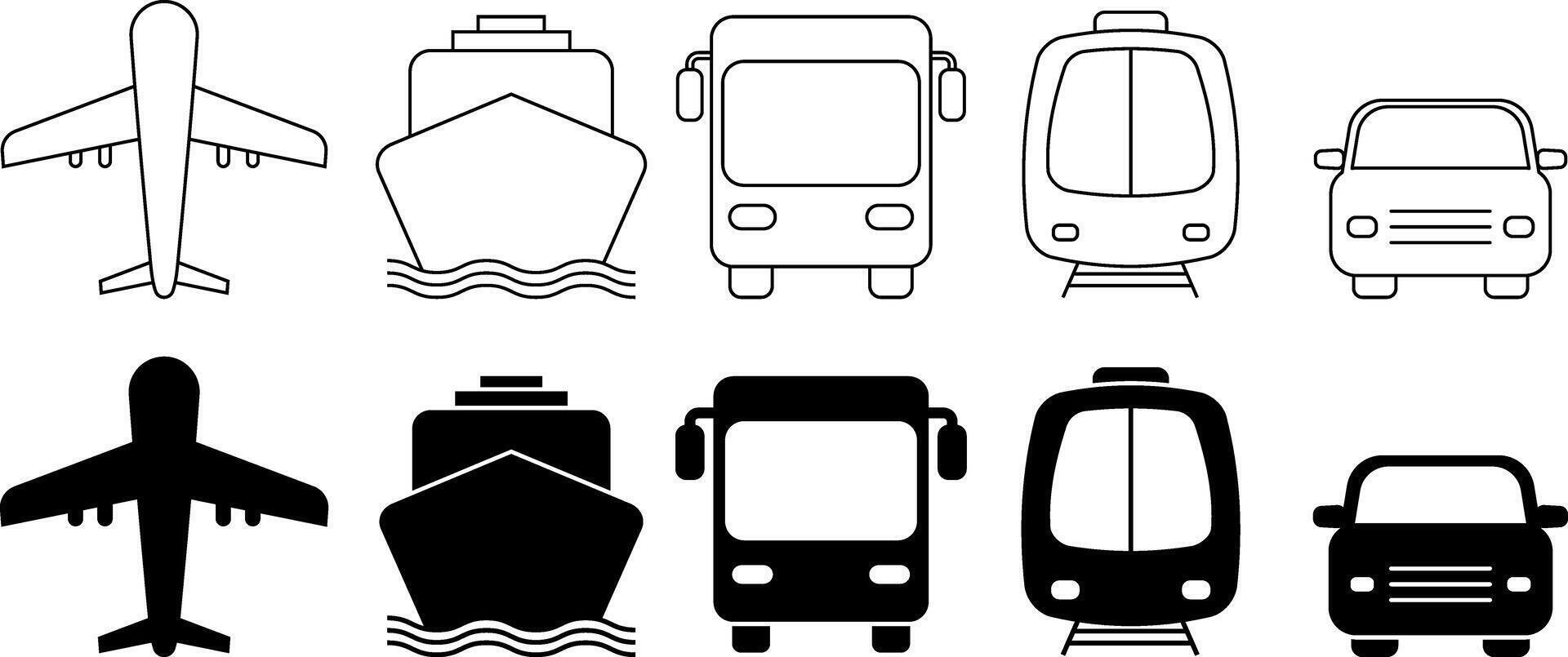 contorno silueta público transporte icono conjunto vector