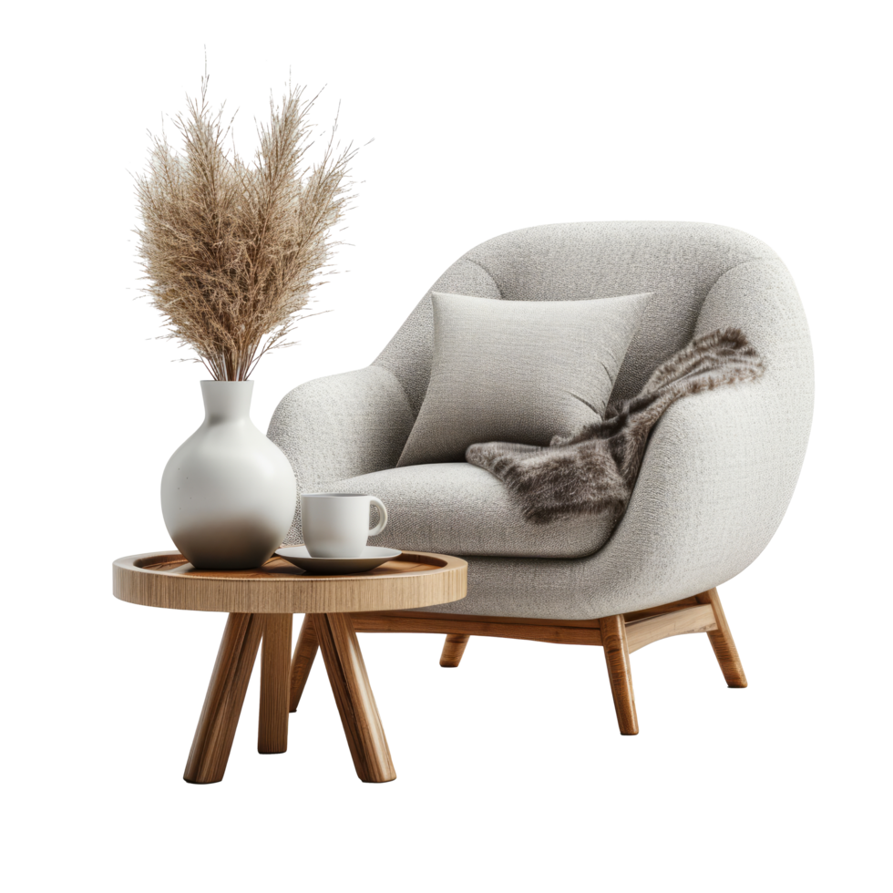 AI generated Cozy armchair and coffee table isolated on transparent background With clipping path.3d render png