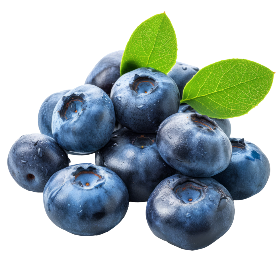 AI generated Fresh blueberries with bluberry leaves isolated on transparent background With clipping path. cut out png