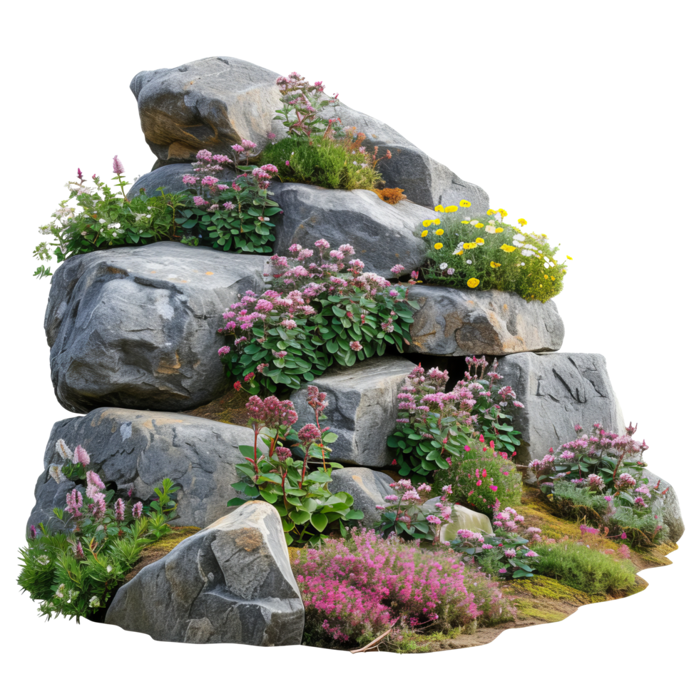 Cutout rock surrounded by flowers. isolated on transparent background With clipping path.3d render png