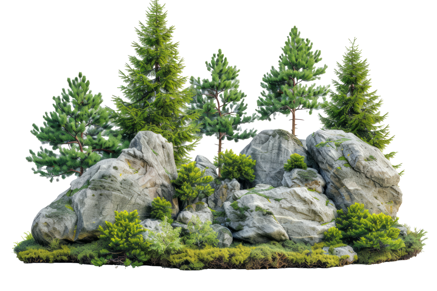 AI generated Cutout rock surrounded by fir trees. Garden design isolated on transparent background With clipping path.3d render png