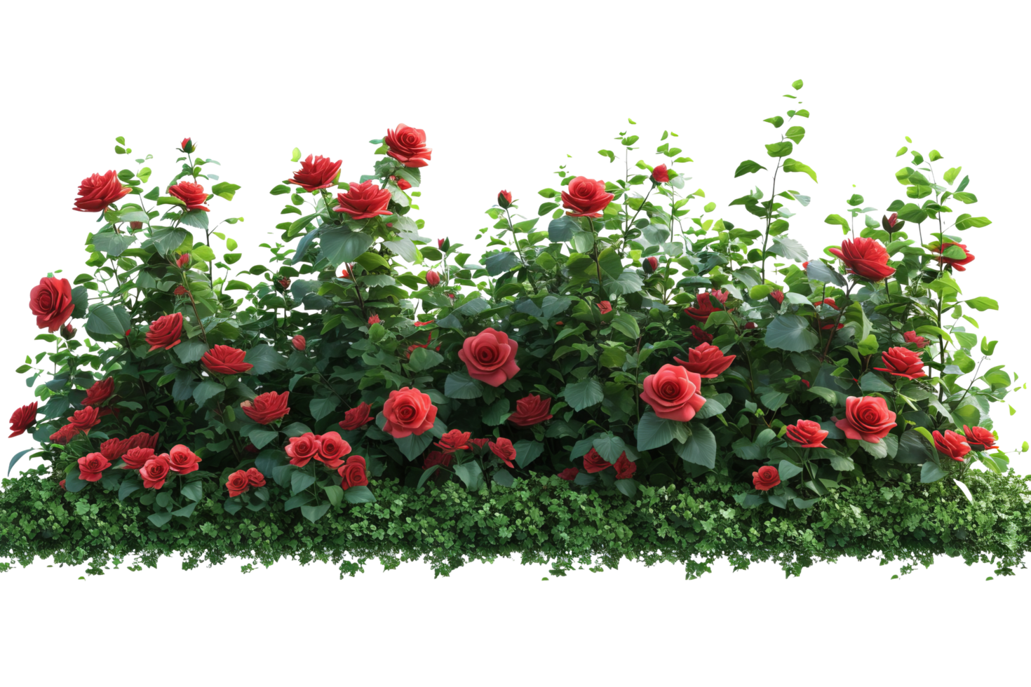 AI generated Cutout flowerbed. Plants and red flowers. Red roses. isolated on transparent background With clipping path.3d render png