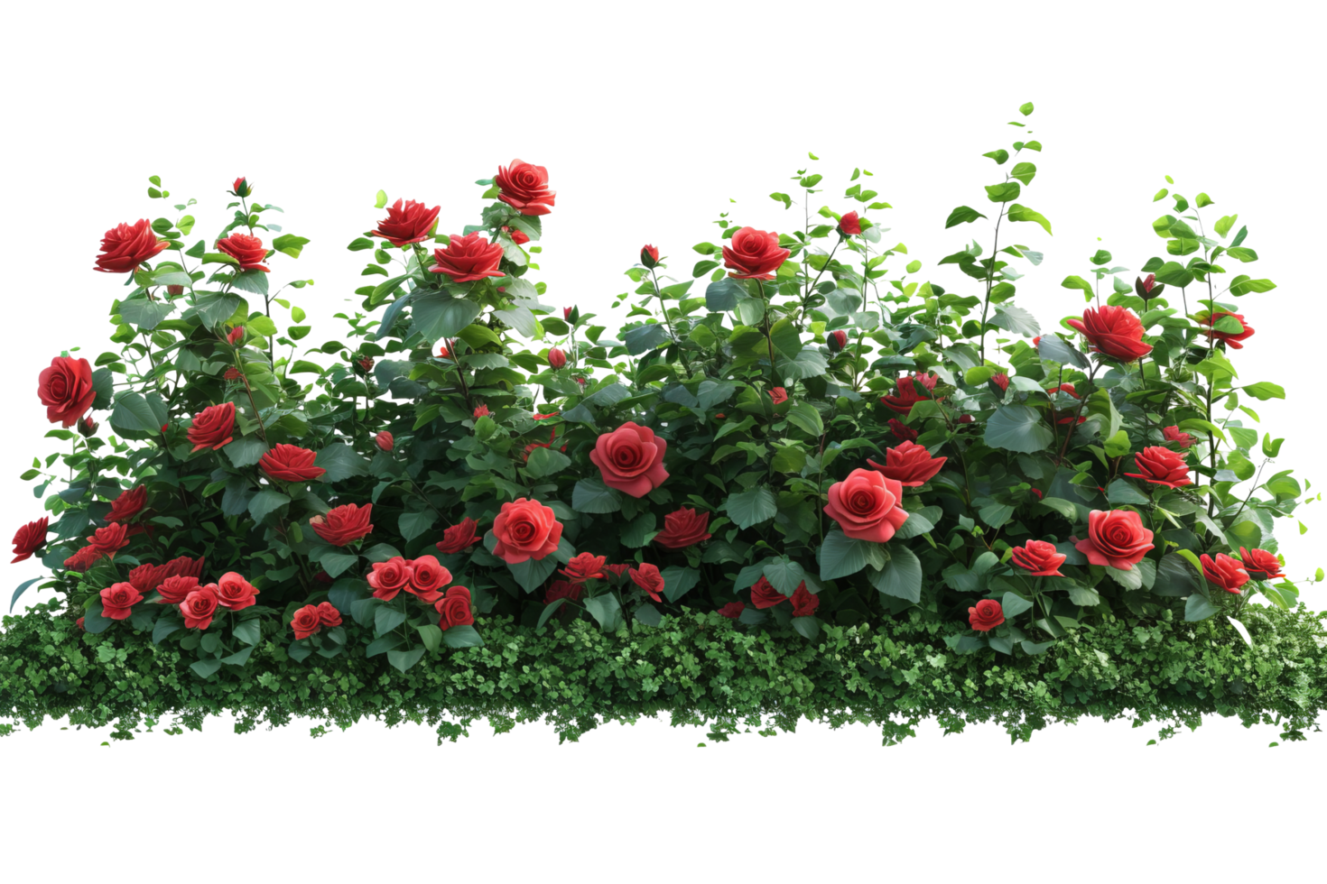 AI generated Cutout flowerbed. Plants and red flowers. Red roses. isolated on transparent background With clipping path.3d render png