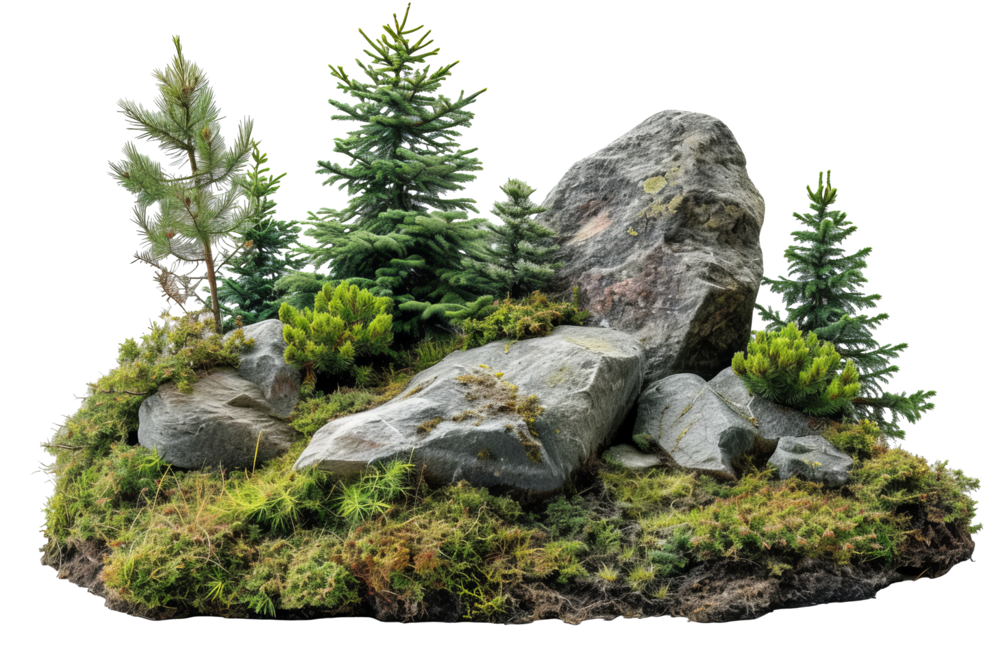 AI generated Cutout rock surrounded by fir trees. Garden design isolated on transparent background With clipping path.3d render png
