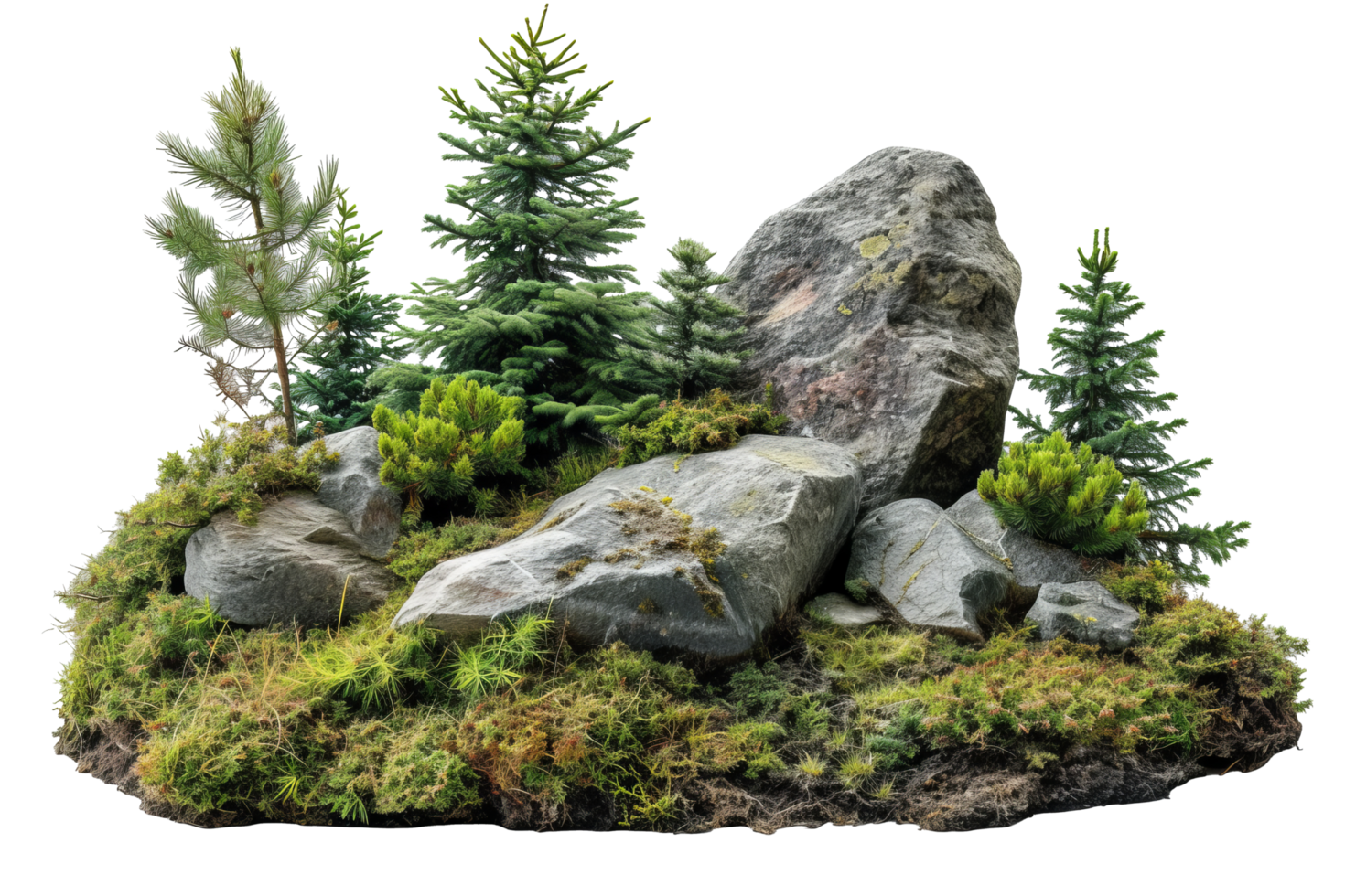 ai généré coupé Roche entouré par sapin des arbres. jardin conception isolé sur transparent Contexte avec coupure chemin.3d rendre png