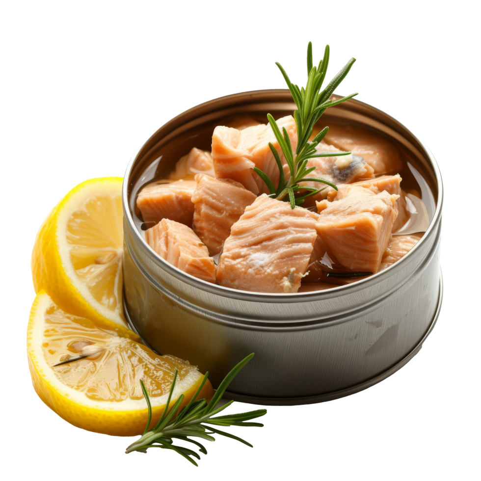AI generated Delicious canned tuna chunks with lemon and rosemary isolated on transparent background With clipping path.render png