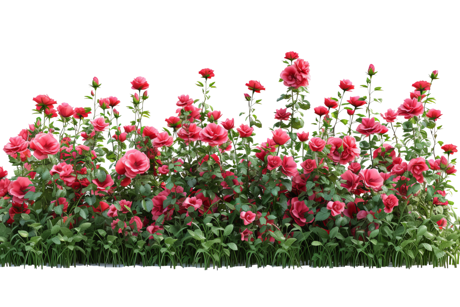 AI generated Cutout flowerbed. Plants and red flowers. Red roses. isolated on transparent background With clipping path.3d render png
