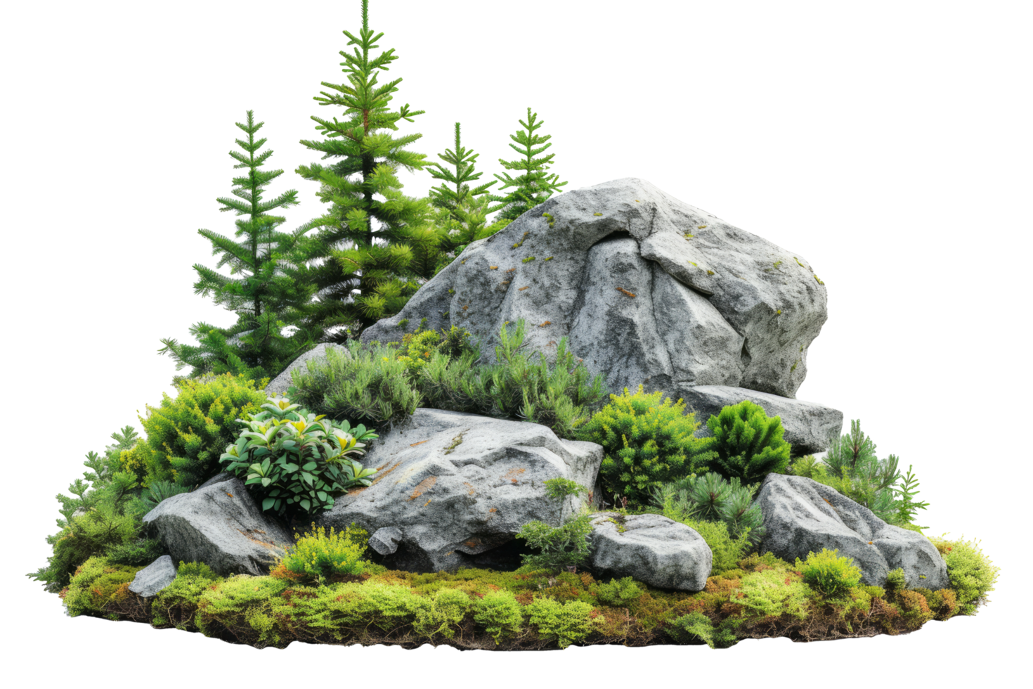 AI generated Cutout rock surrounded by fir trees. Garden design isolated on transparent background With clipping path.3d render png