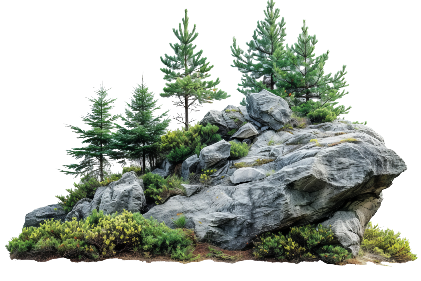 AI generated Cutout rock surrounded by fir trees. Garden design isolated on transparent background With clipping path.3d render png