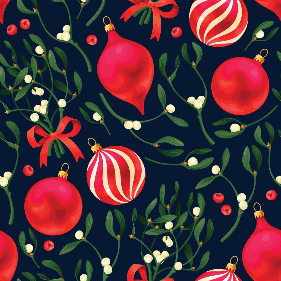 Vector seamless pattern with mistletoe and christmas balls on black background