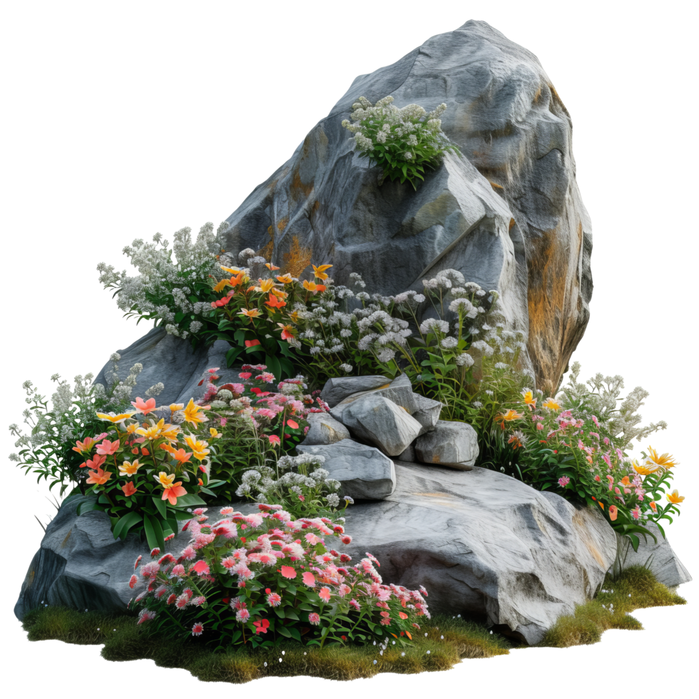AI generated Cutout rock surrounded by flowers. isolated on transparent background With clipping path.3d render png