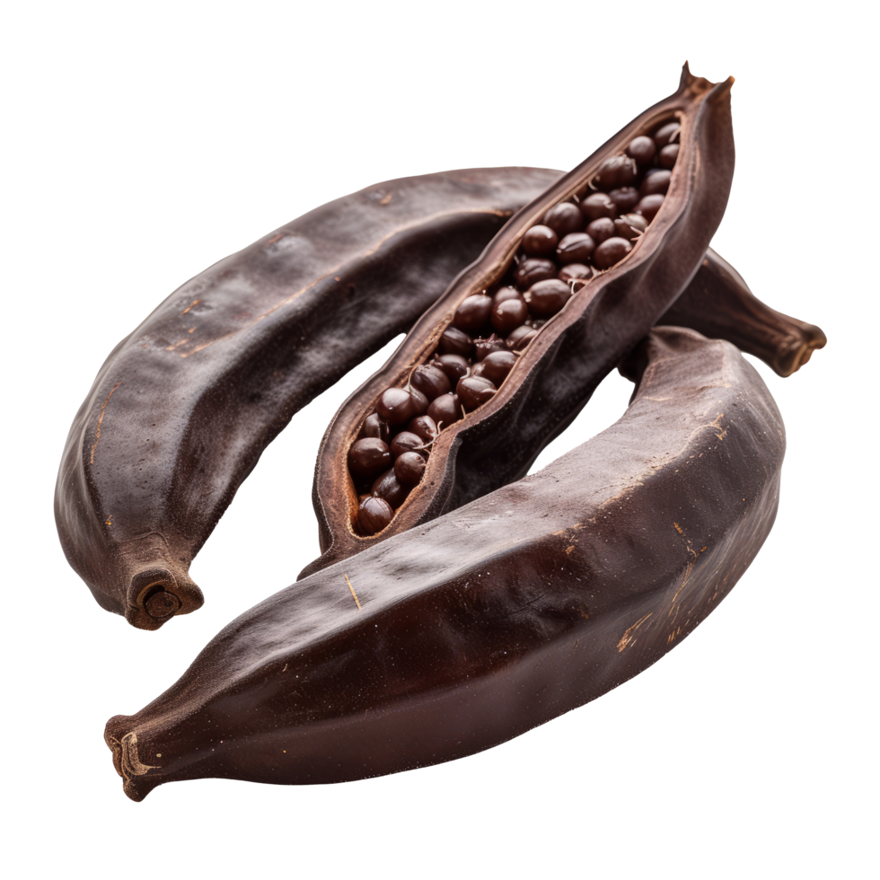 Carob fruit in closeup isolated on transparent background With clipping path.3d render png