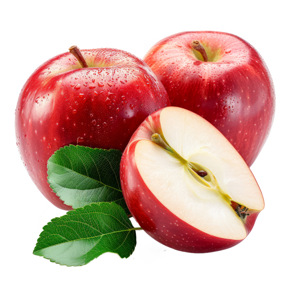 AI generated Cut apple with leaves isolated on transparent background With clipping path.3d render png