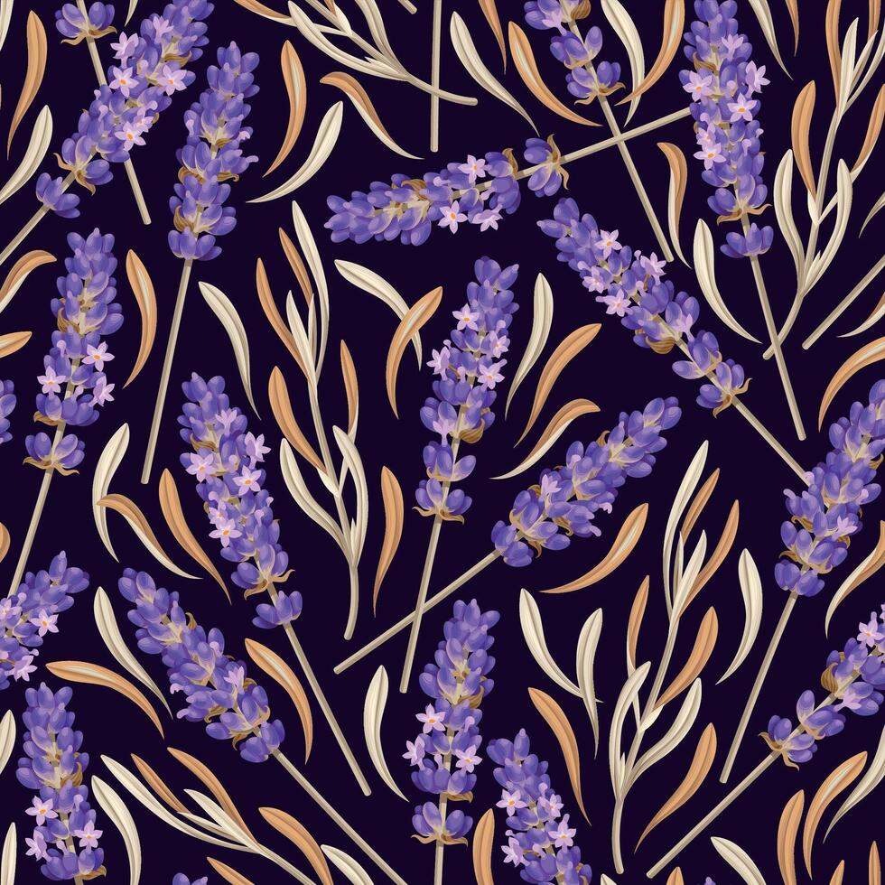 Dry lavender with leaves vector seamless pattern on black background