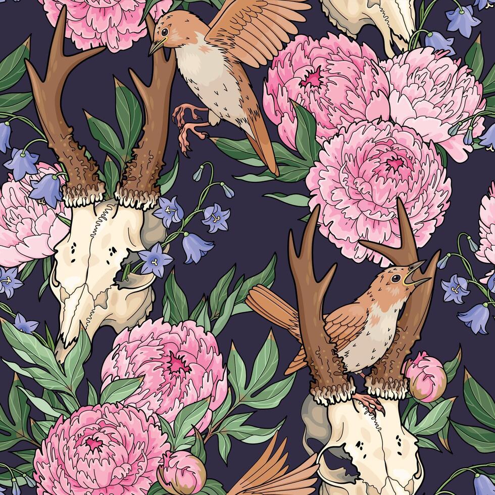 Vector seamless pattern with deer skulls, birds and pink peonies