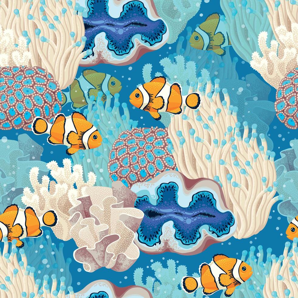 Vector seamless tropical pattern with coral reef and fish