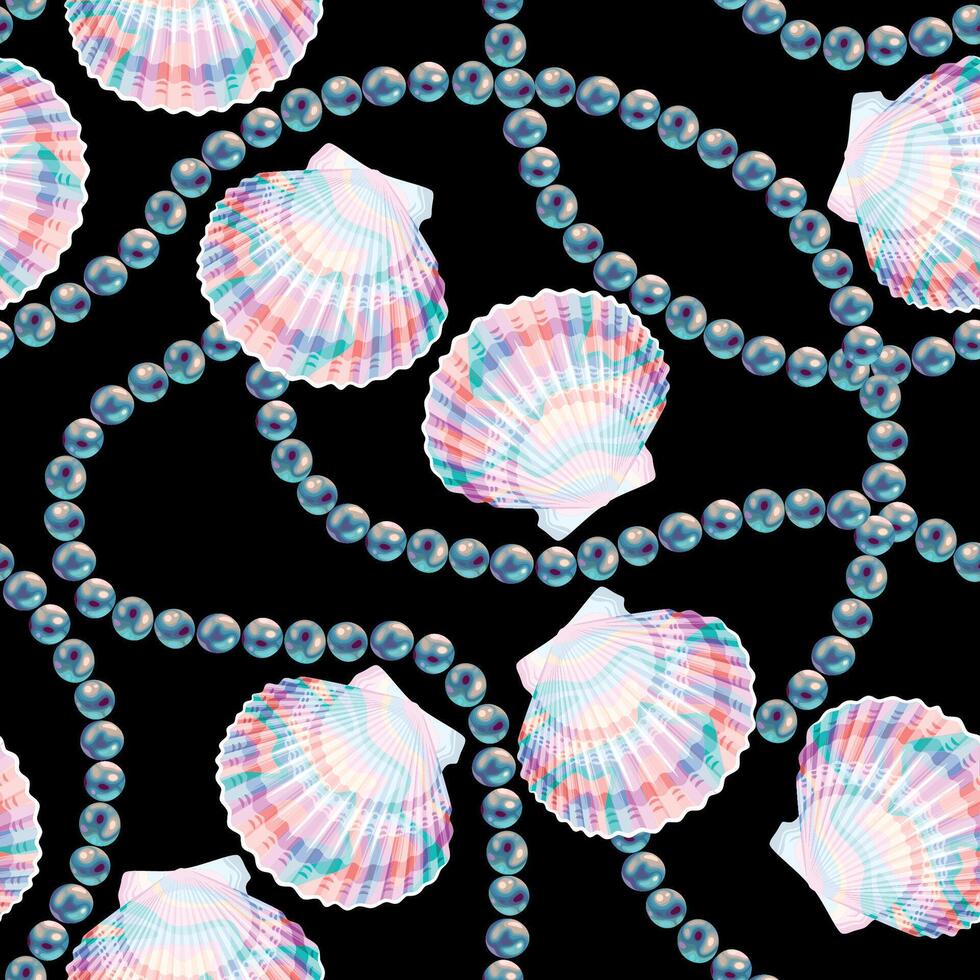 Vector seamless pattern with string of pearls and shells on black background
