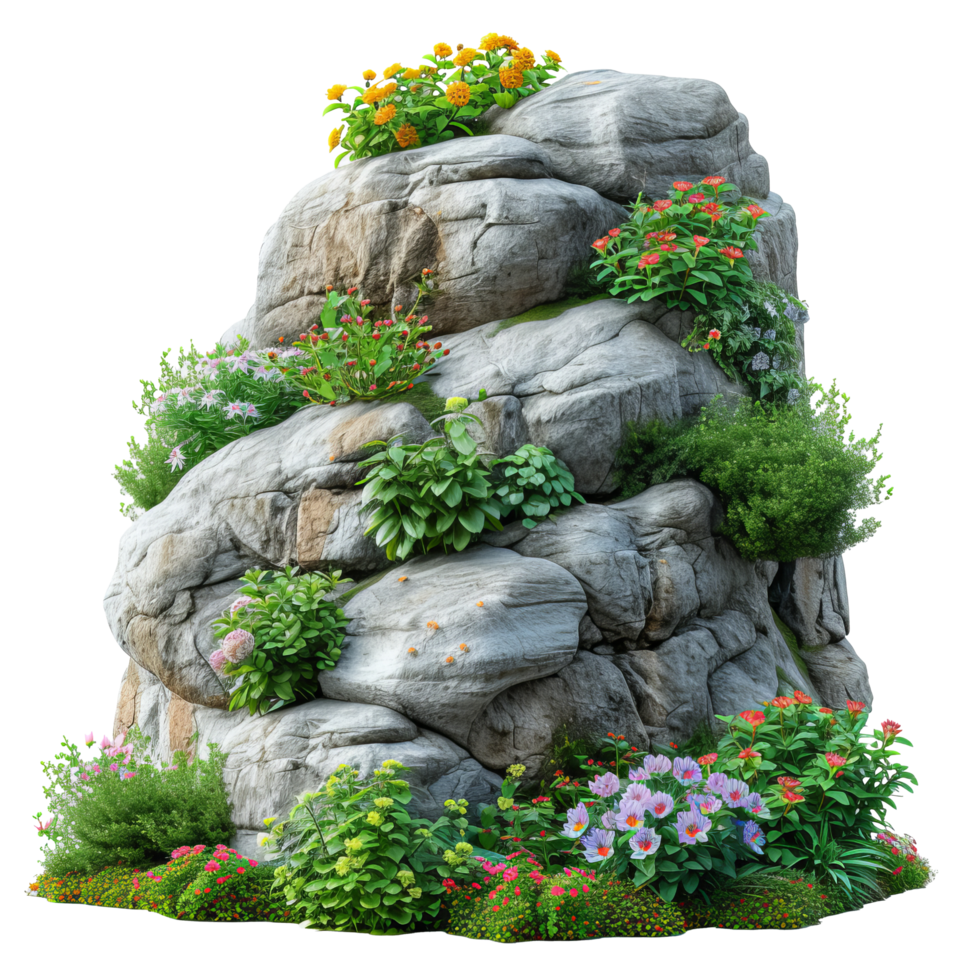 AI generated Cutout rock surrounded by flowers. isolated on transparent background With clipping path.3d render png
