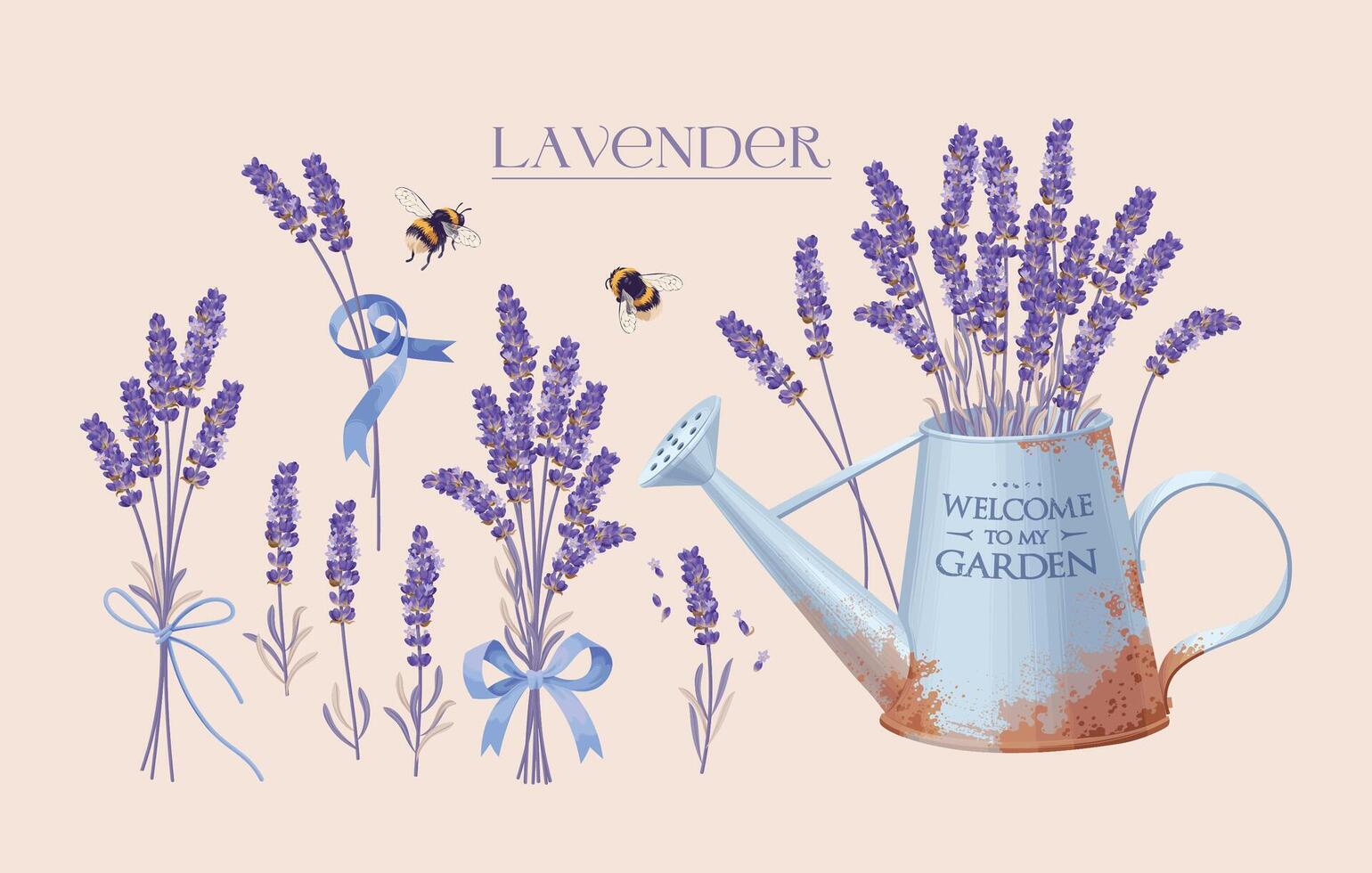 Set of high detailed lavender flowers elements isolated on beige background vector