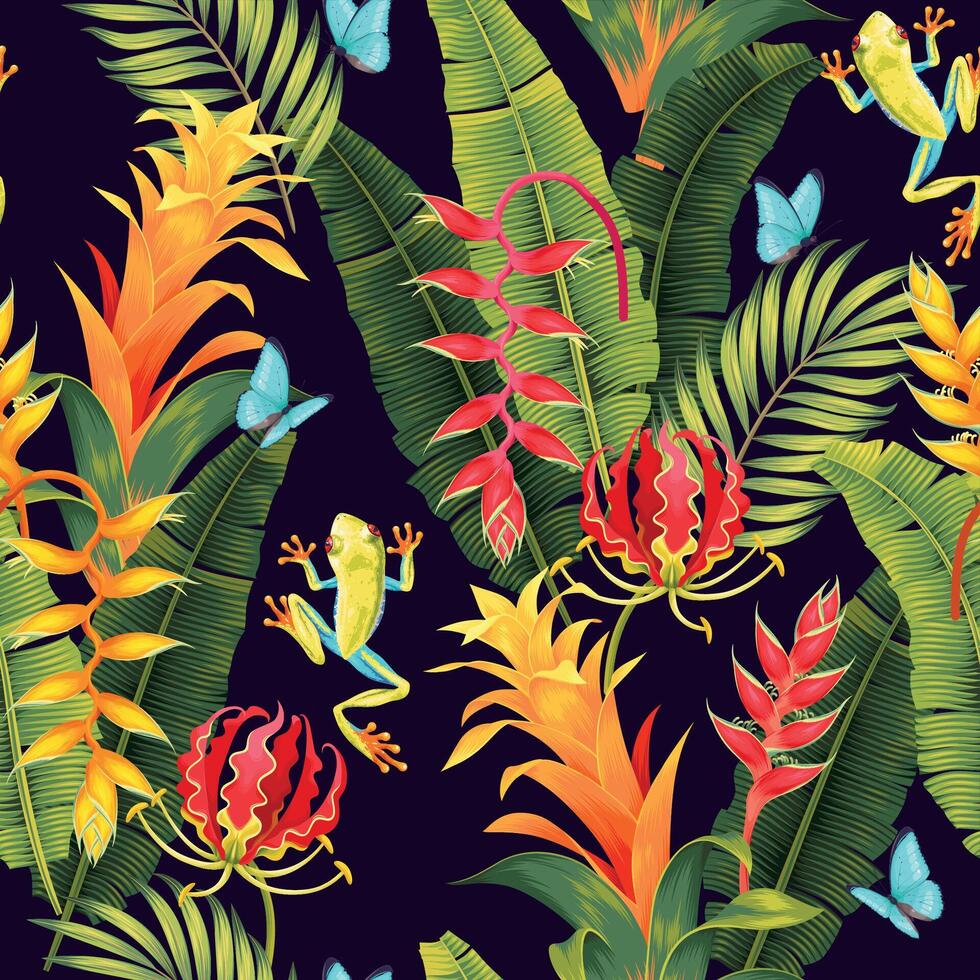 Vector seamless pattern with tropical flowers and dart frogs