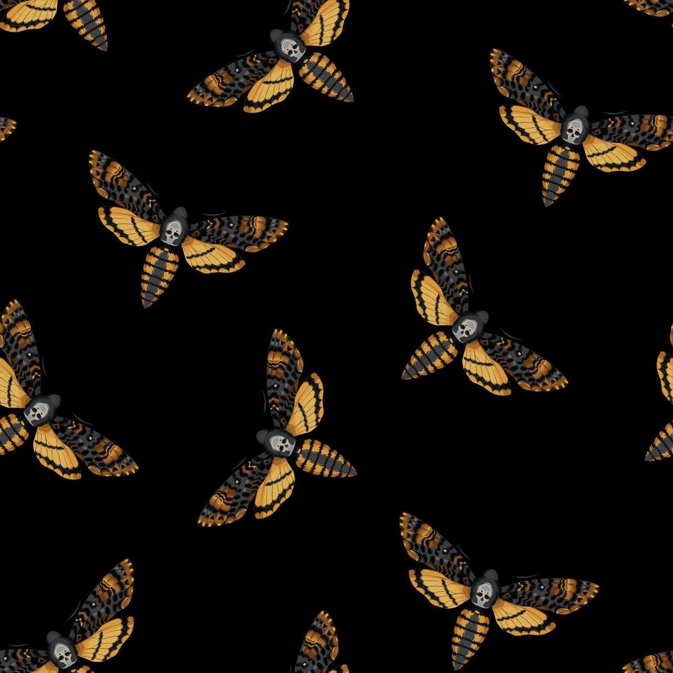 Vector seamless pattern with dead head moths on black background