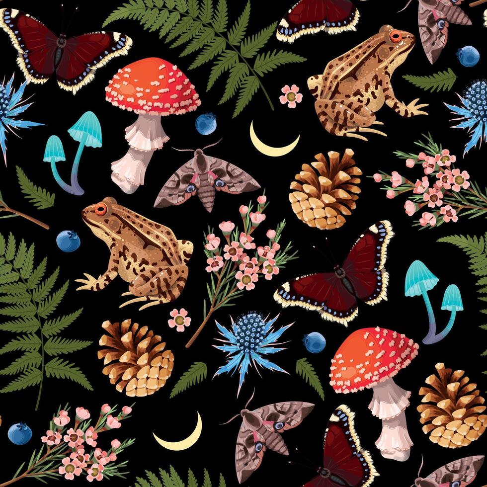 Vector seamless pattern with forest flora and fauna on black background