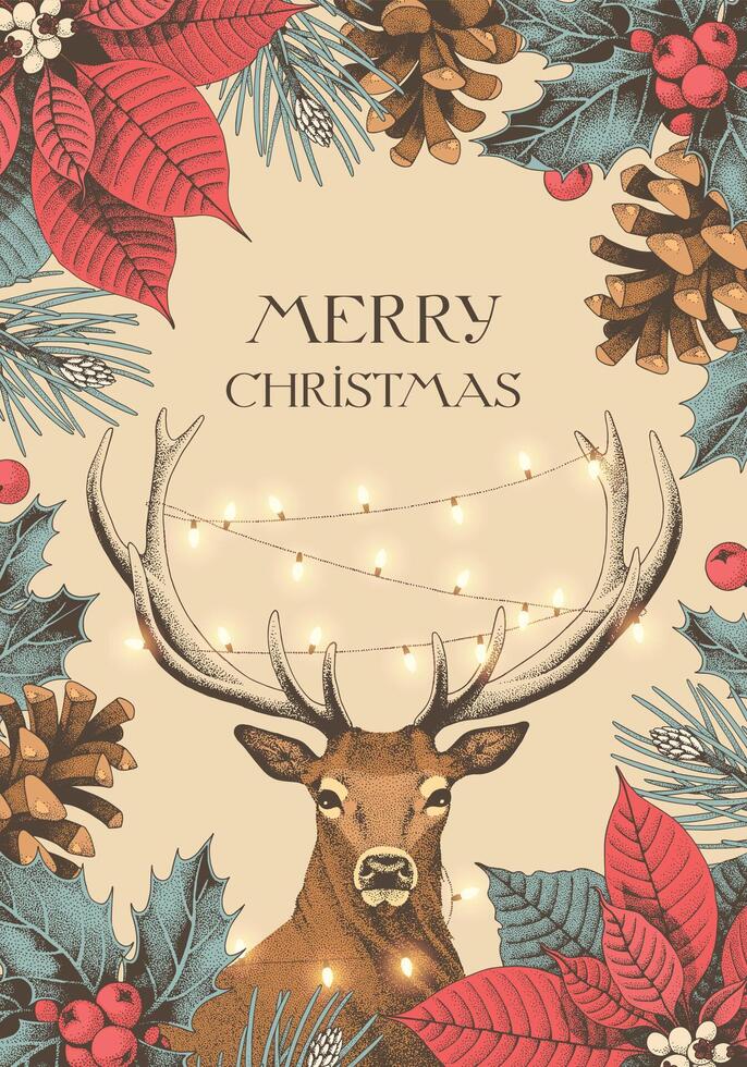 Vector Christmas card with winter flora and deer with glowing garland