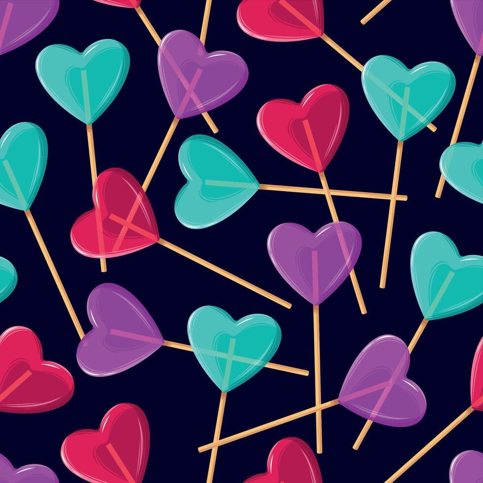 Vector seamless pattern with heart shaped lollipops on dark background
