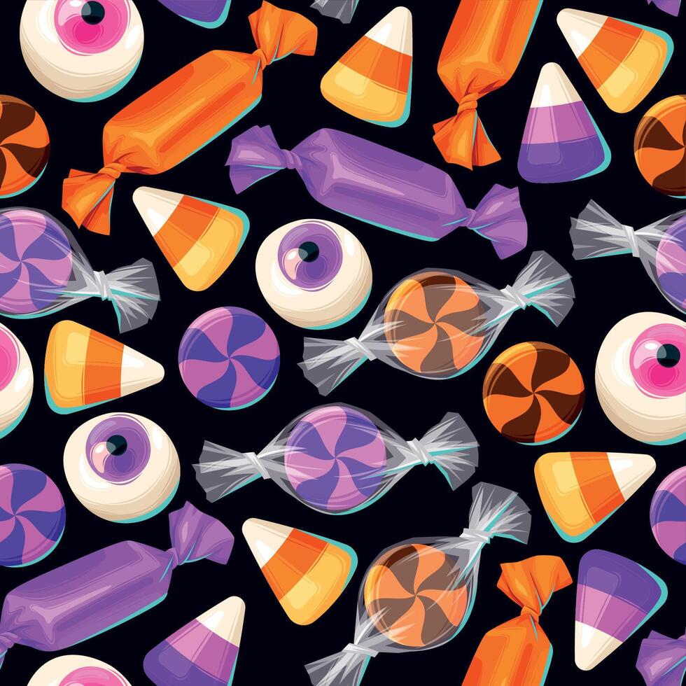 Sweets candies and colorful lollipops halloween seamless pattern vector illustrations