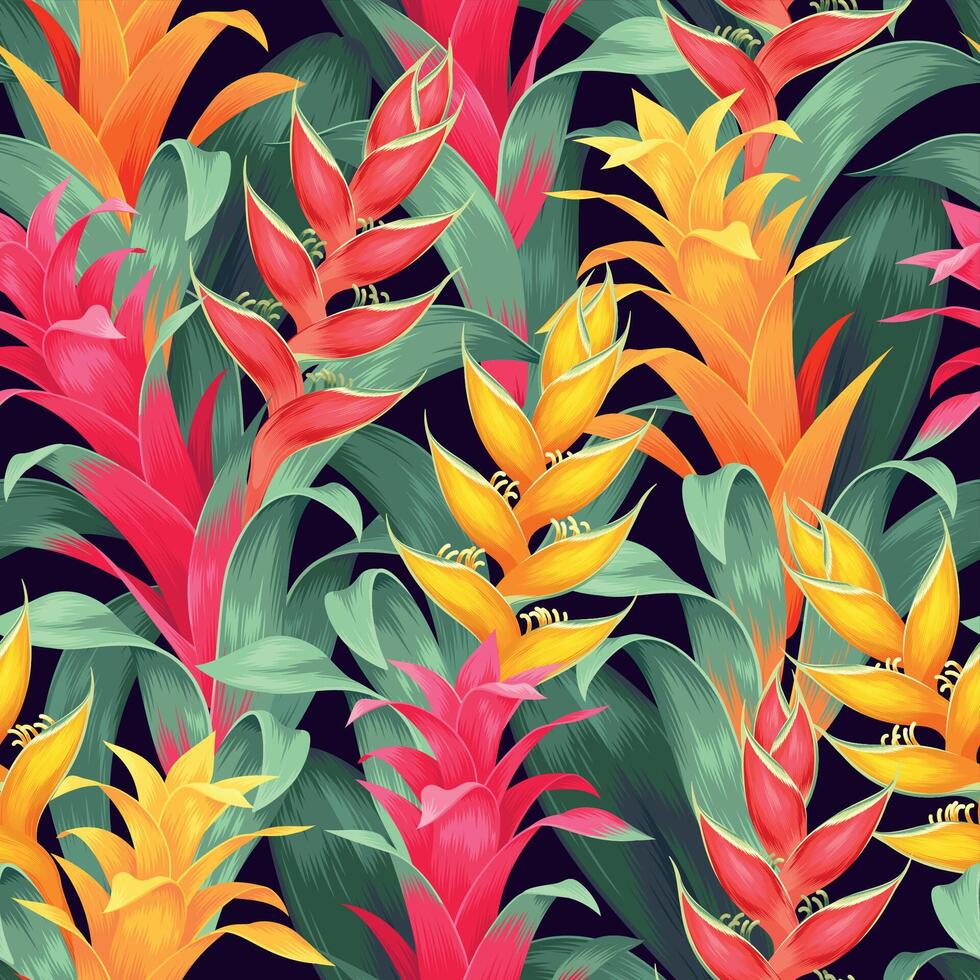 Vector seamless pattern with exotic flowers and tropical leaves
