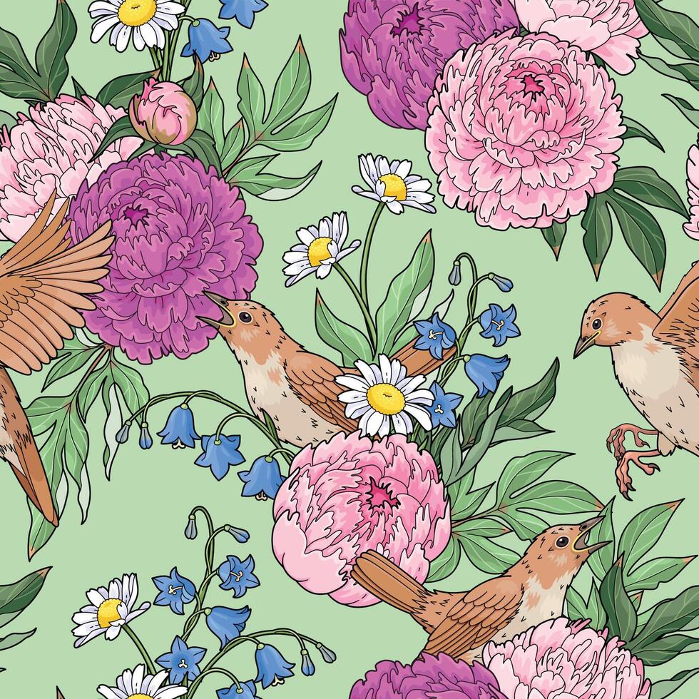 Pink peony and flying and singing nightingales vector seamless pattern