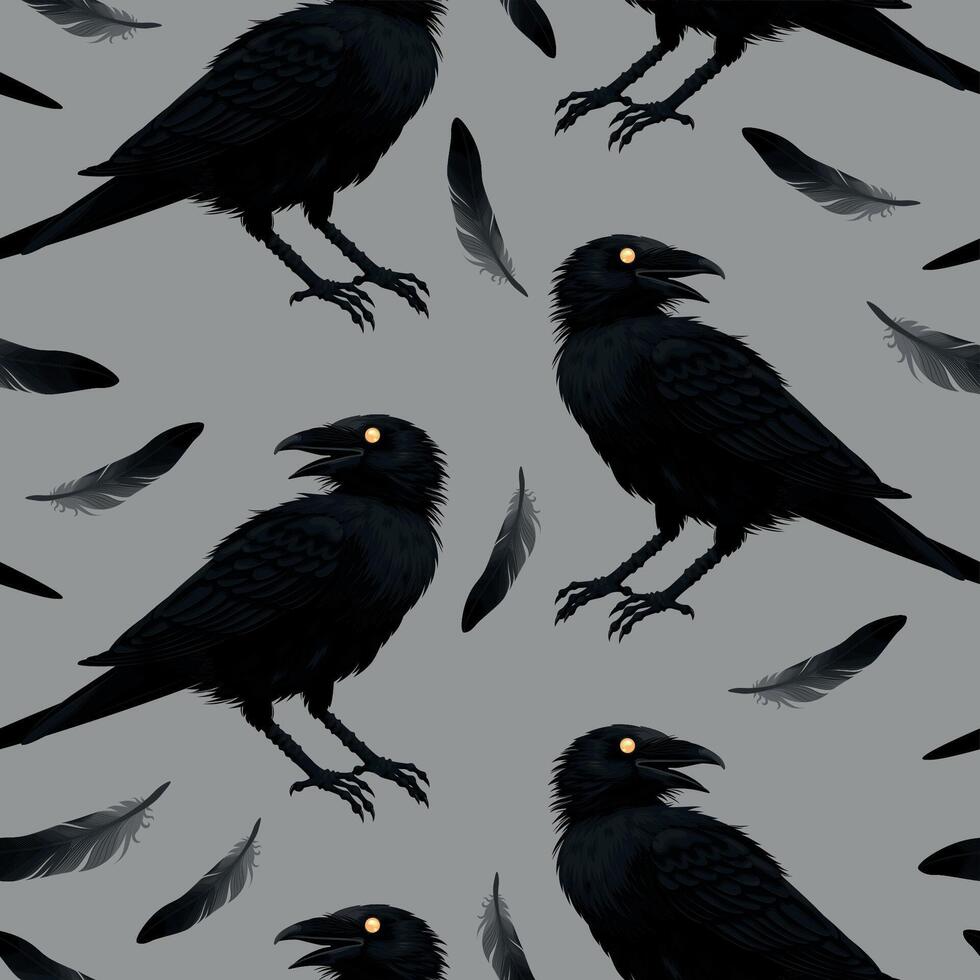 Vector seamless pattern with raven and black feathers on grey background