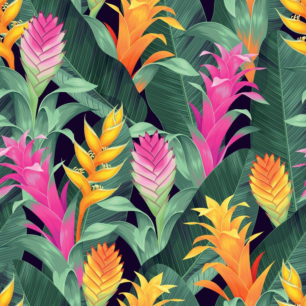 Vector seamless pattern with exotic flowers and tropical leaves