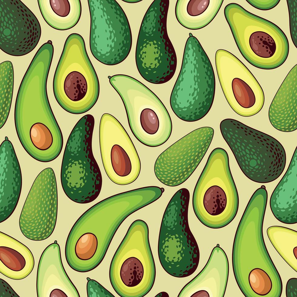 Vector seamless pattern with different sorts of avocado whole and half