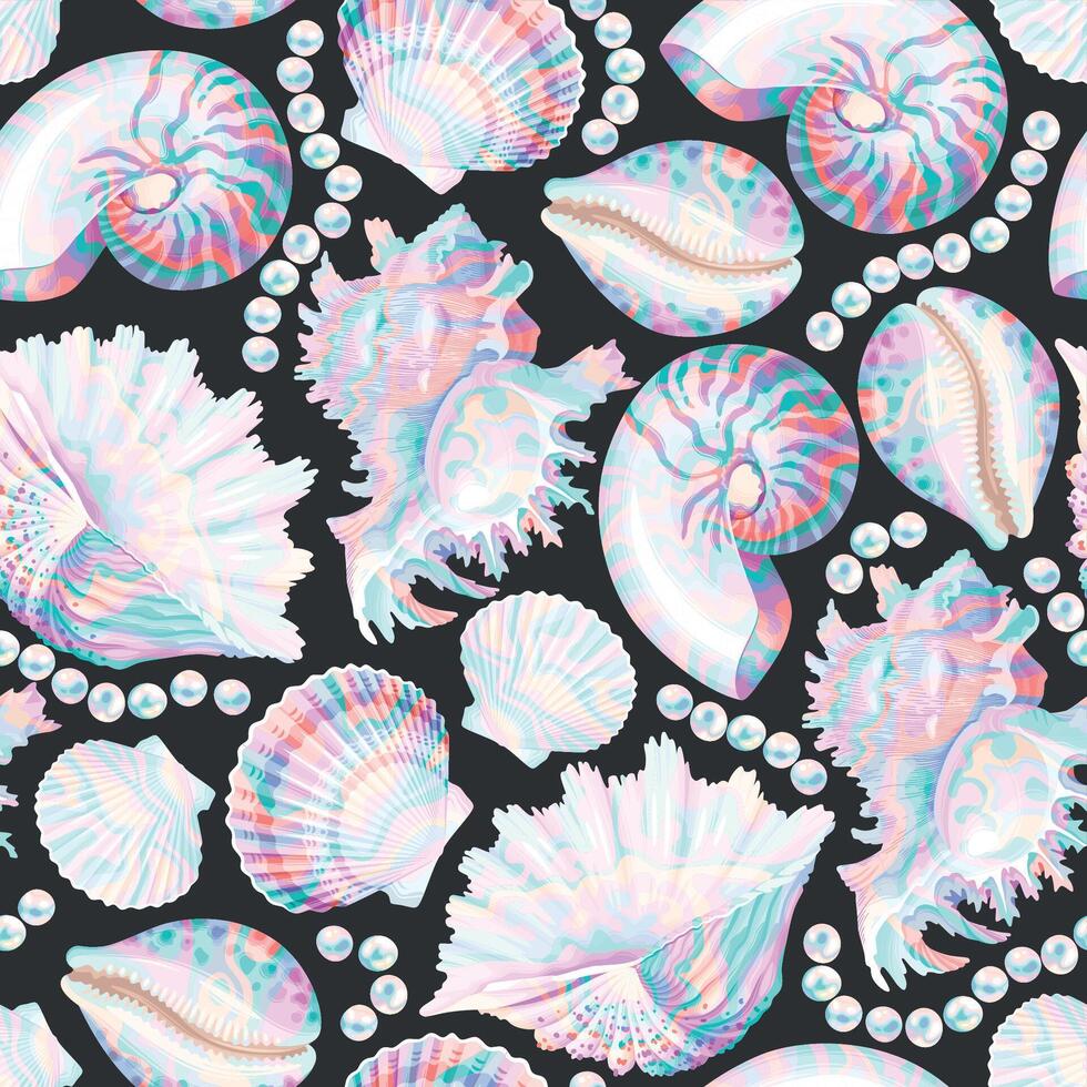 Vector seamless pattern with string of pearls and shells on black background