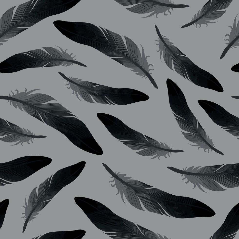 Vector seamless pattern with black raven feathers on grey background