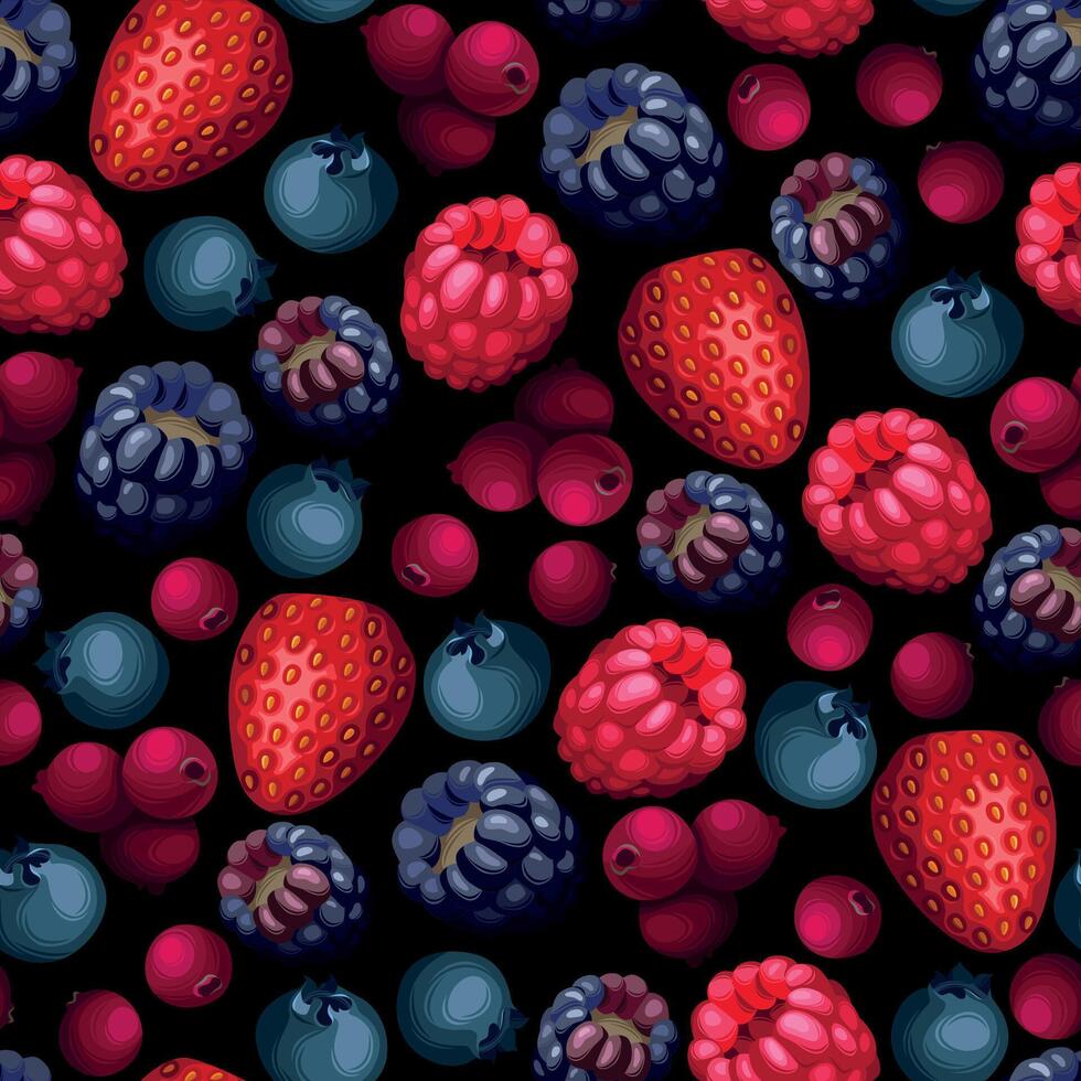 Vector seamless pattern with ripe forest berries on black background