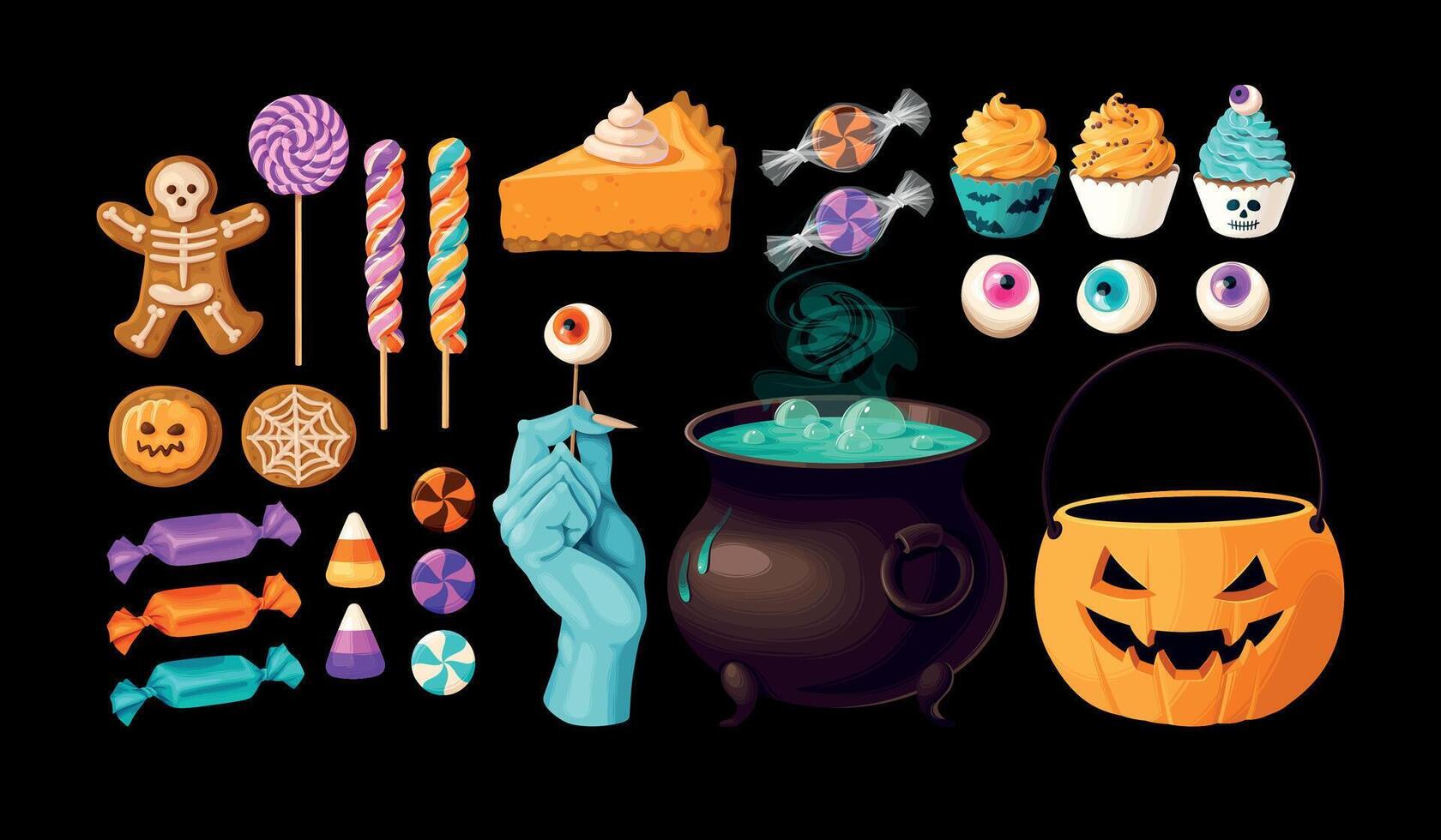 Vector set of halloween sweets for kids with bucket and cauldron