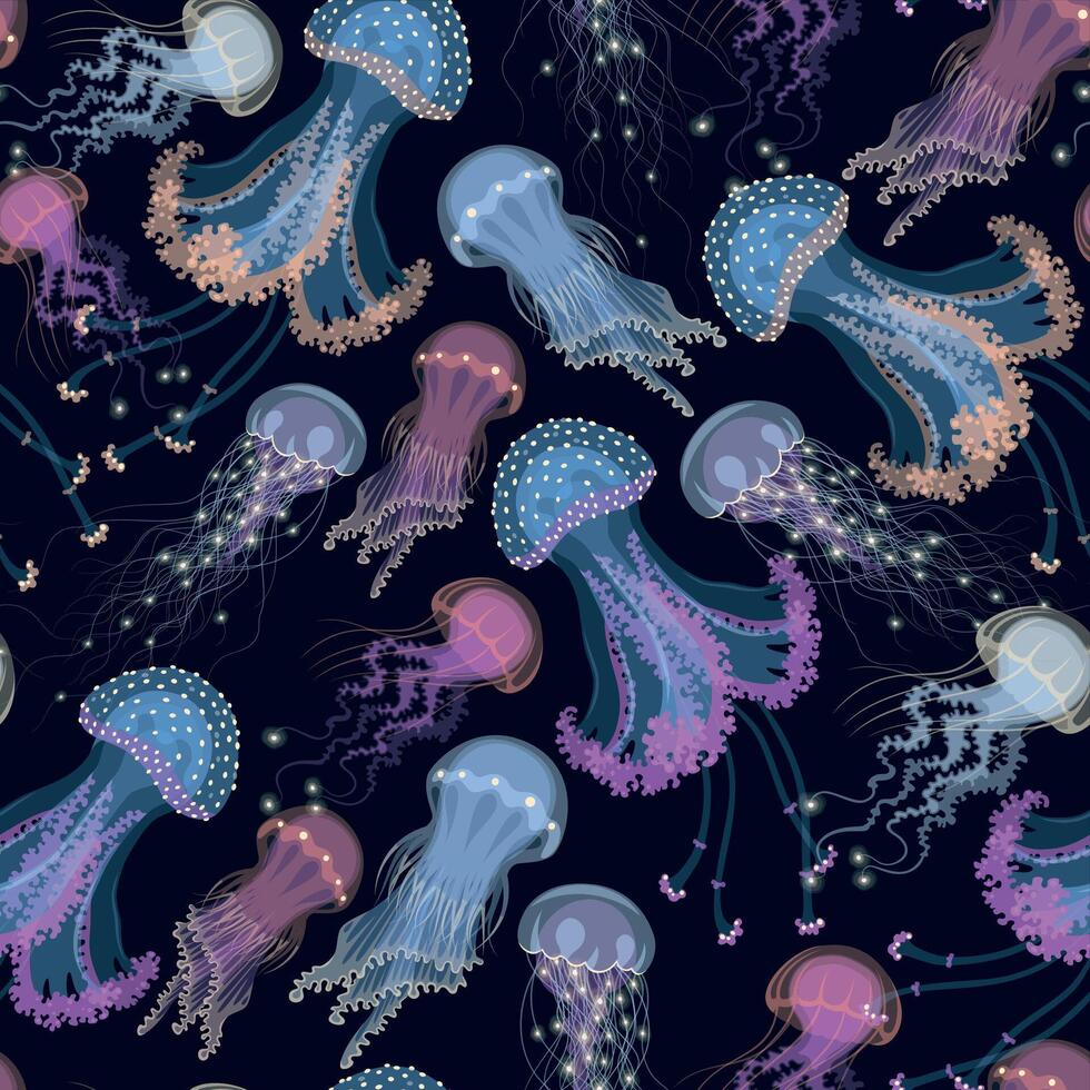 Glowing jellyfish on black background vector seamless pattern