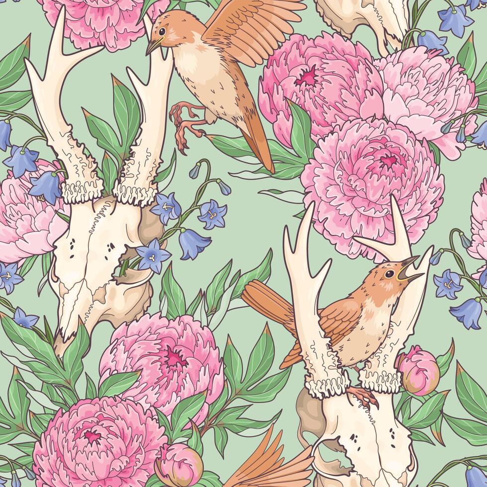 Vector seamless pattern with deer skulls, birds and pink peonies