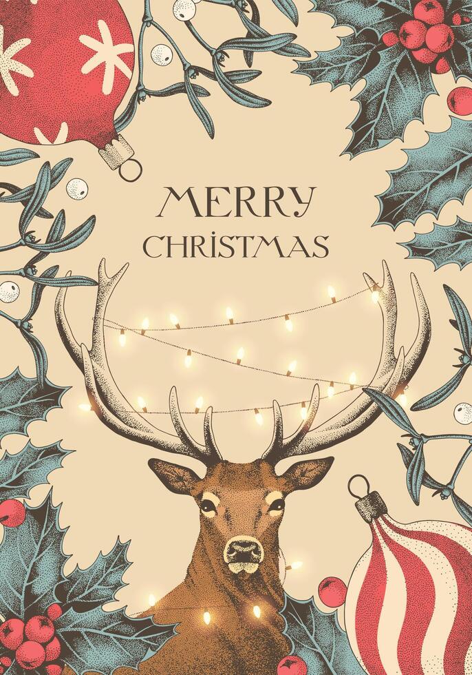 Vector Christmas card with winter flora and deer with glowing garland