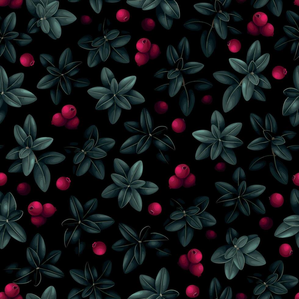 Vector seamless pattern with forest cranberry and dark leaves
