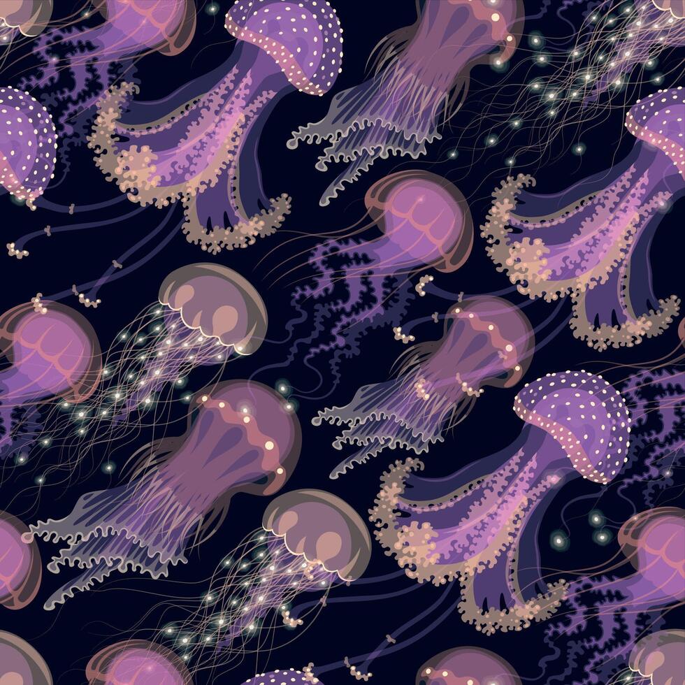 Glowing jellyfish on black background vector seamless pattern