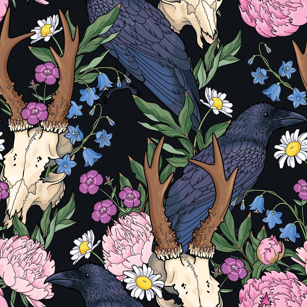 Vector seamless pattern with deer skulls, birds and pink peonies