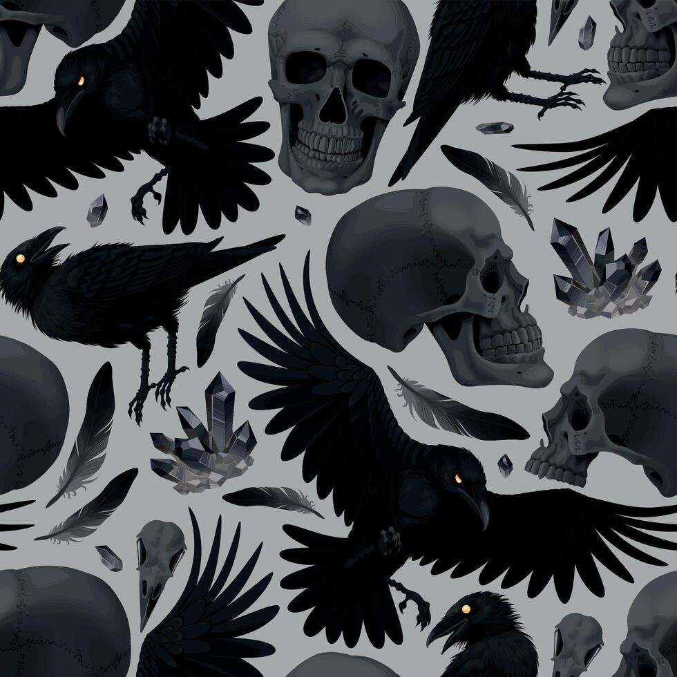 Vector seamless pattern with ravens and black human skulls