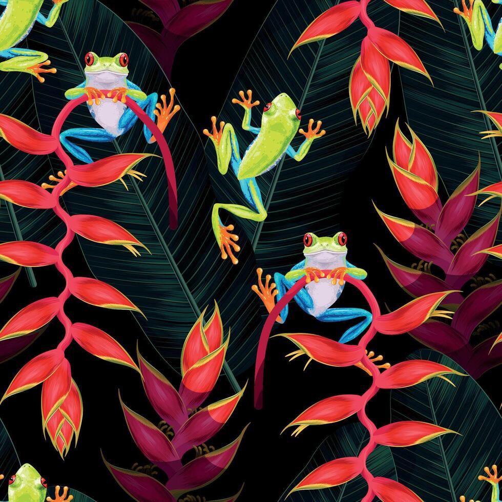 Vector seamless pattern with tree frog and tropical flowers on black background