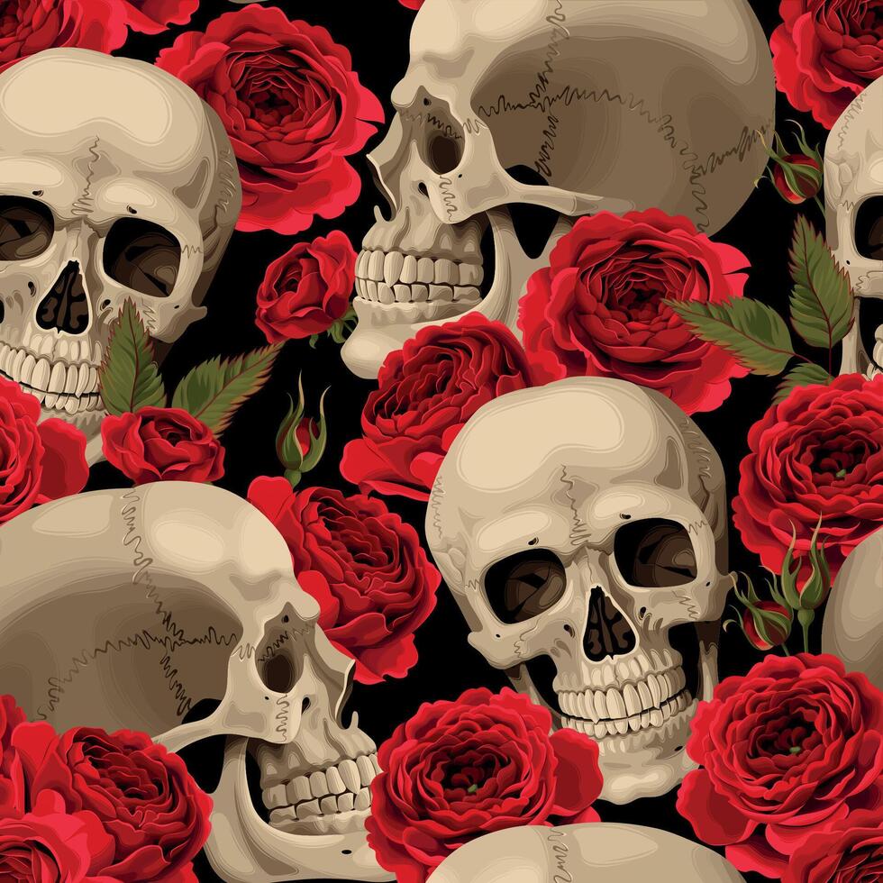 Vector seamless pattern with human skulls and red roses