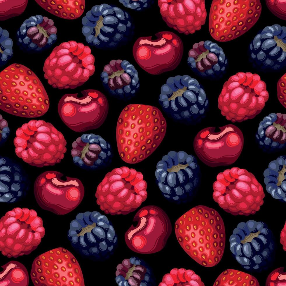 Vector seamless pattern with ripe forest berries on black background
